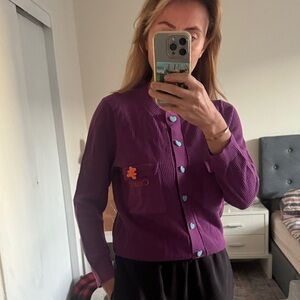 Purple Women's cardigan with  Blue heart Buttons and orange bears